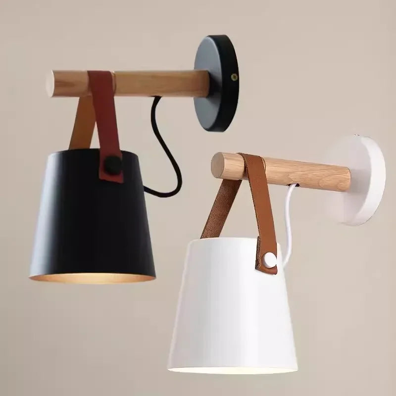 Wood and Leather Hanging Wall Lamp