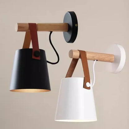 Wood and Leather Hanging Wall Lamp