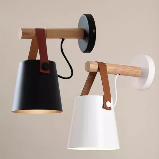 Wood and Leather Hanging Wall Lamp