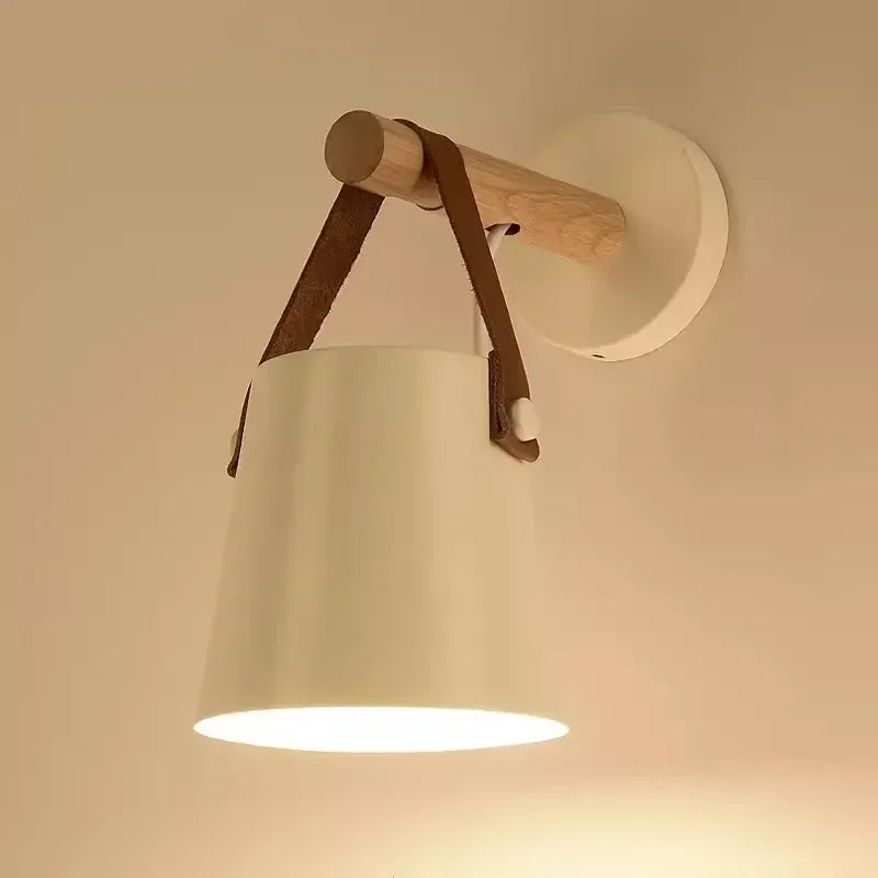 Wood and Leather Hanging Wall Lamp