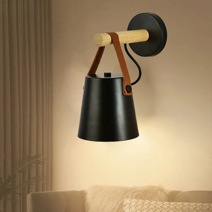 Wood and Leather Hanging Wall Lamp