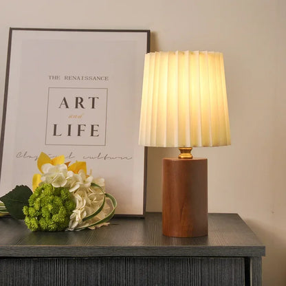 Pleated Shade Wood Base Lamp