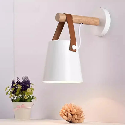 Wood and Leather Hanging Wall Lamp