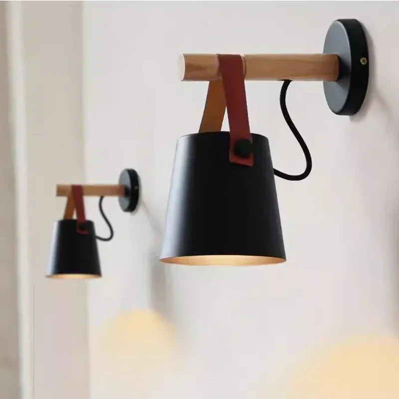 Wood and Leather Hanging Wall Lamp