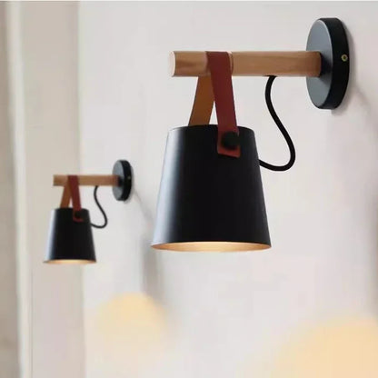 Wood and Leather Hanging Wall Lamp