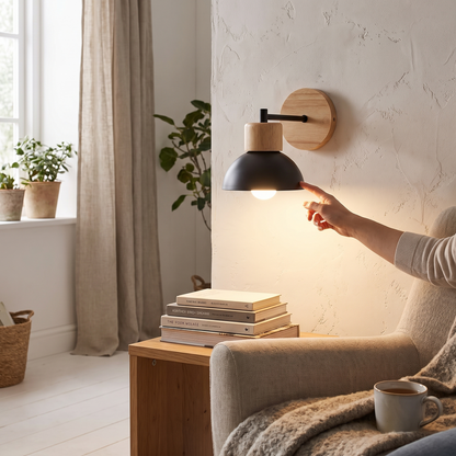 Wood and Metal Bedside Wall Lamp
